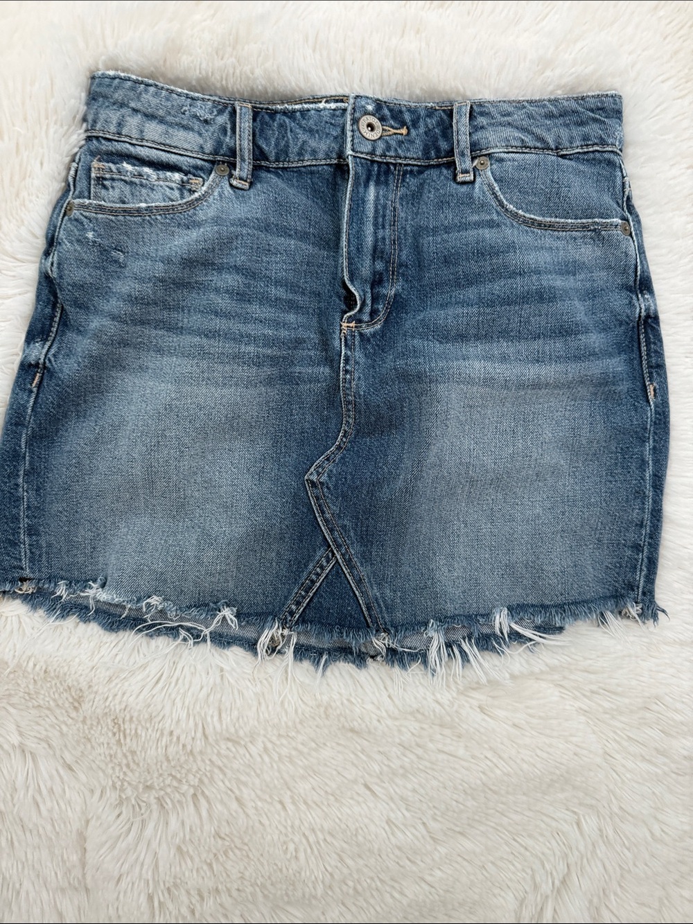 Paige Distressed Blue Denim Mini Skirt with Frayed Hem